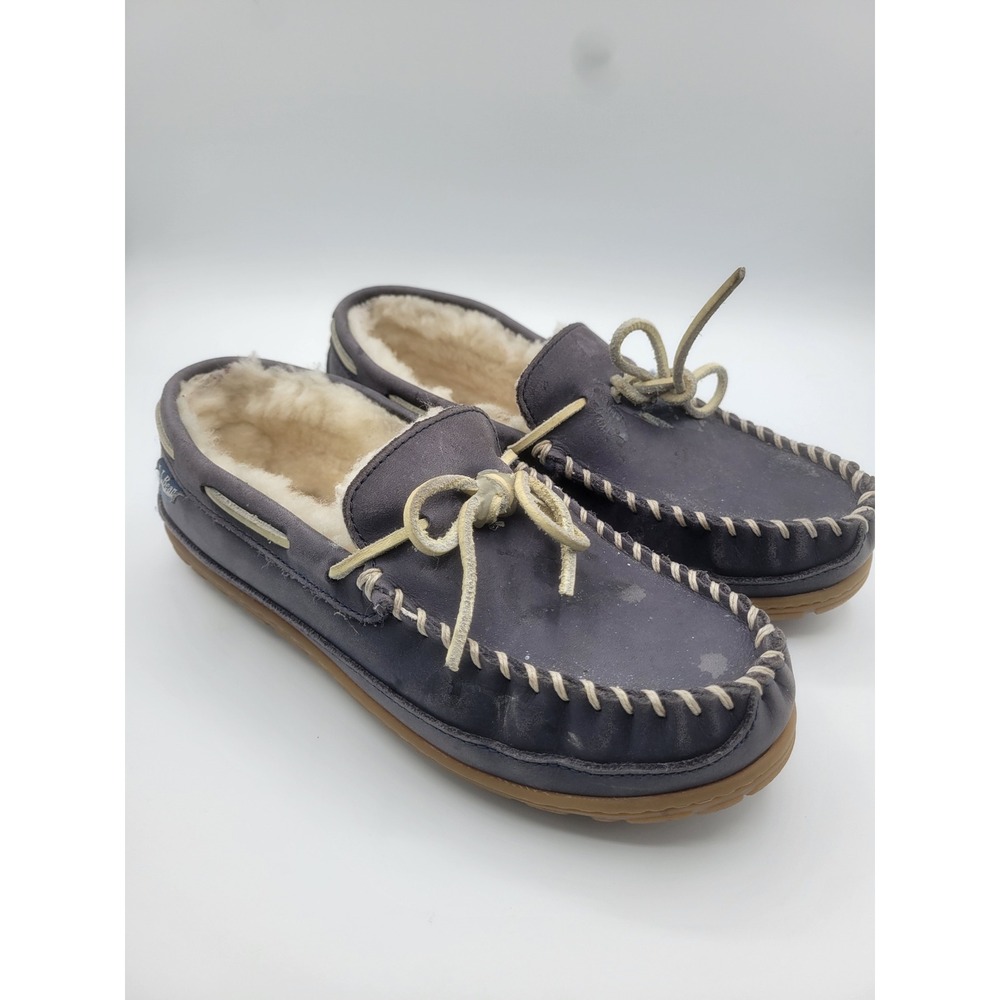 LL Bean Wicked Good Moccasins Dark Blue Shearling Lined Slippers Leather sz 8